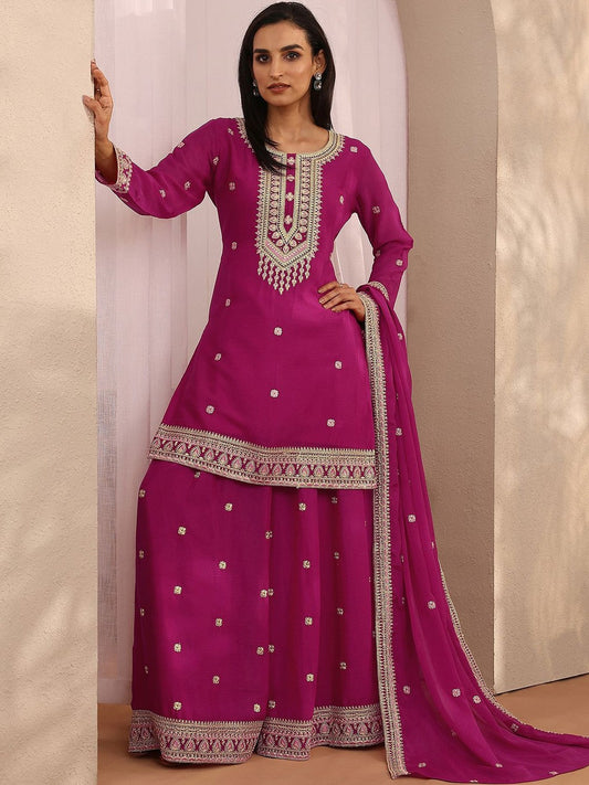 Women Ethnic Motifs Embroidered Regular Thread Work Kurta with Sharara & With Dupatta