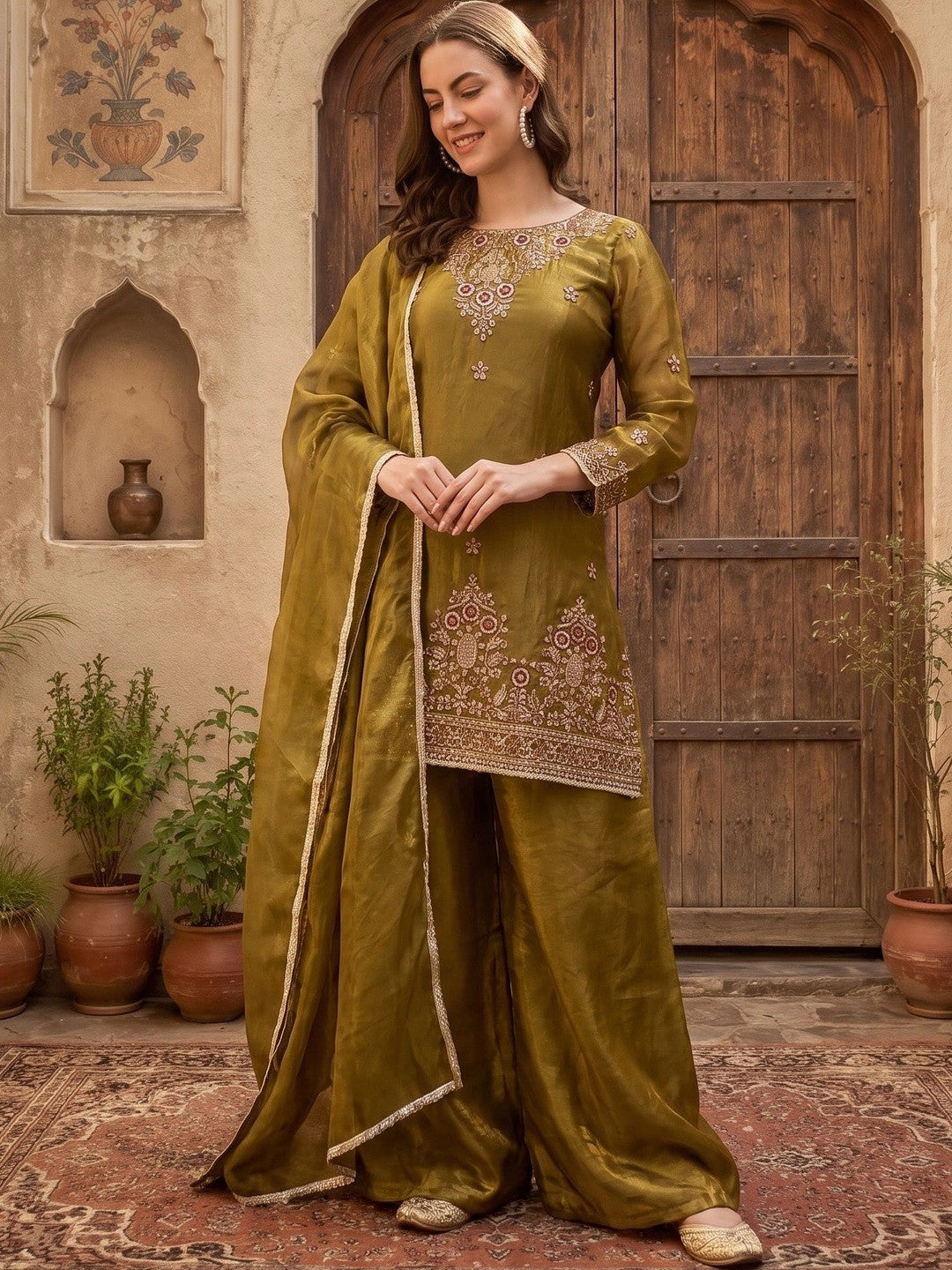 Women Ethnic Motifs Regular Thread Work Kurta with Palazzos & With Dupatta