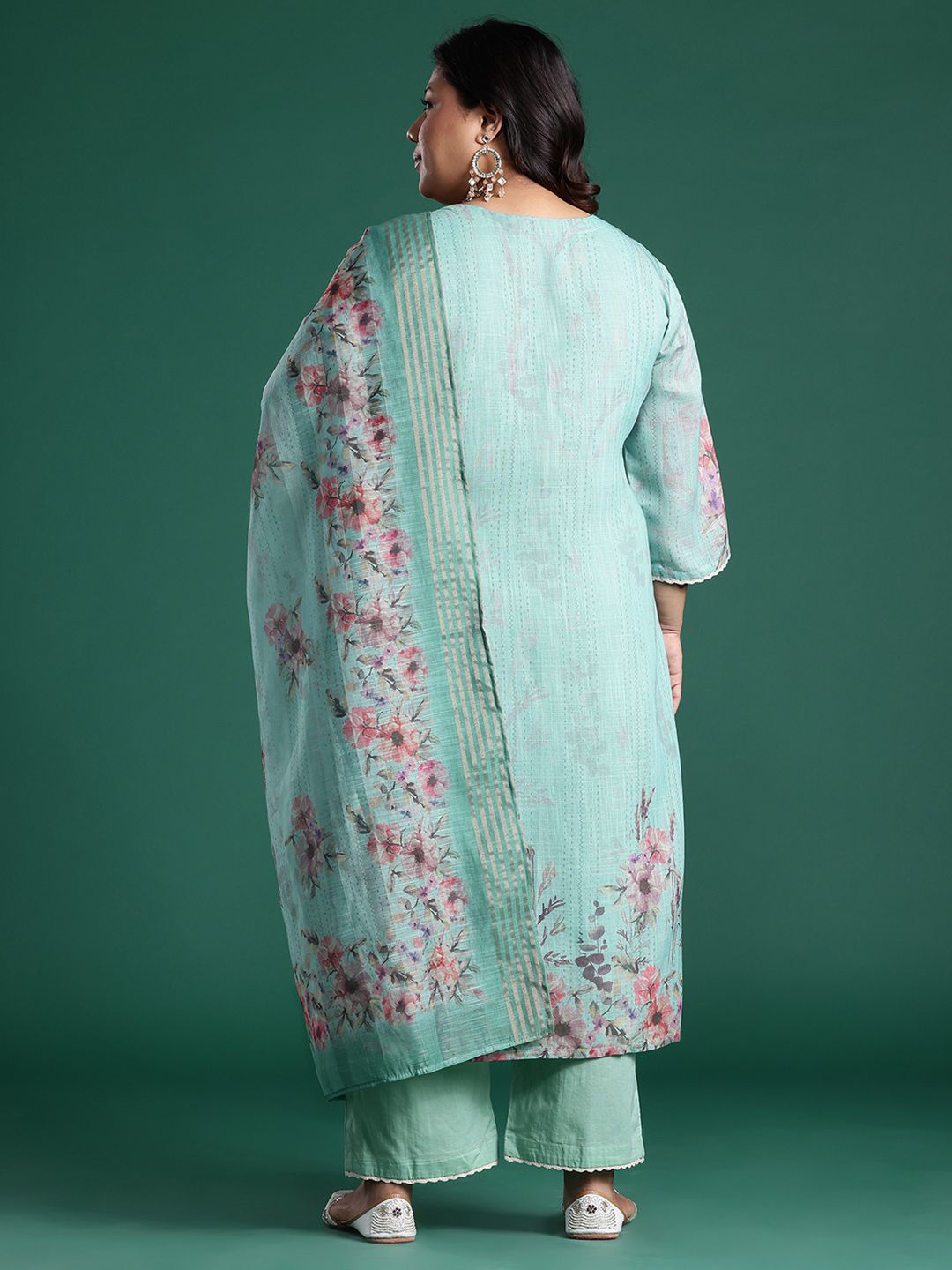 Dhiyona Women's Plus Size Floral Print Regular Thread Work Kurta with Palazzos & Dupatta