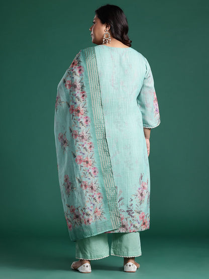 Dhiyona Women's Plus Size Floral Print Regular Thread Work Kurta with Palazzos & Dupatta