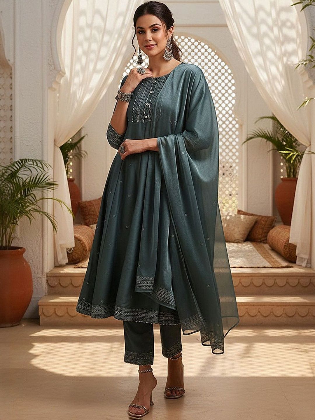 Dhiyona KL Floral Embroidered Zari Anarkali Kurta With Trousers & Dupatta