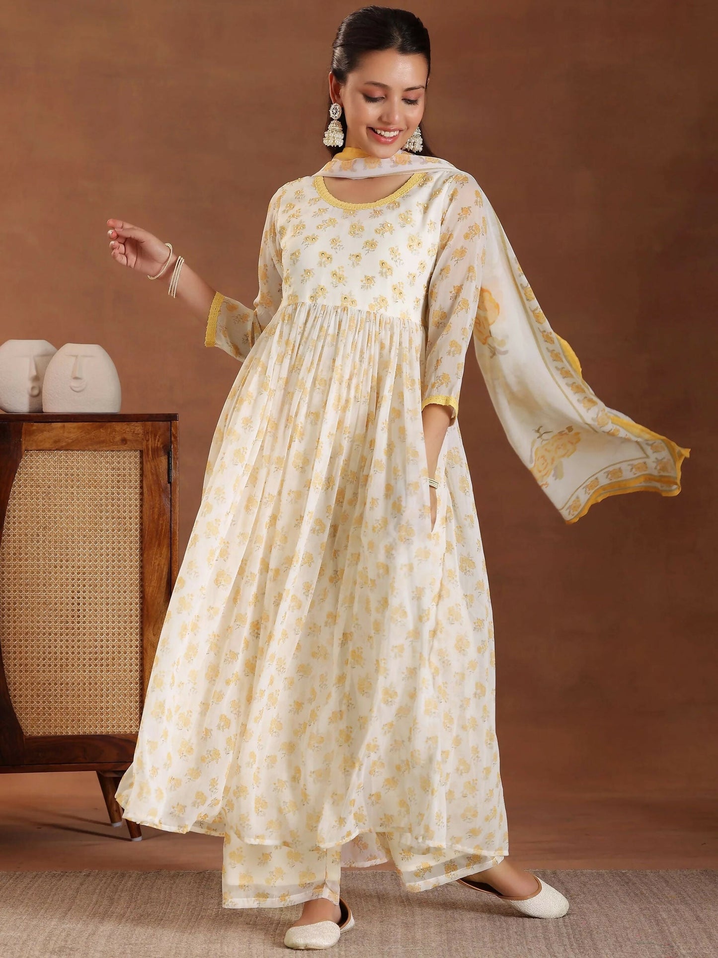 Women's LB Off white Printed Poly Chiffon A-Line Kurta With Sharara & Dupatta