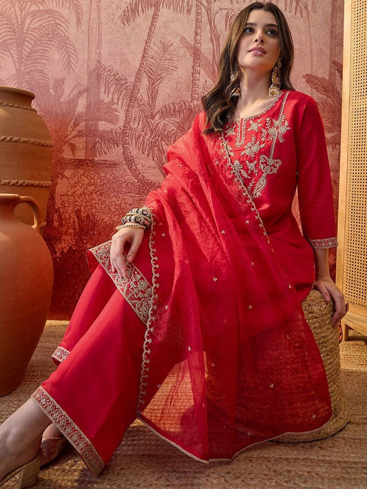 Dhiyona SN Embroidered Round Neck Kurta & Palazzos Kurta Sets