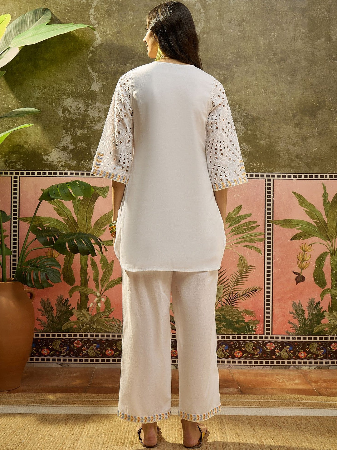 Embroidered Pure Cotton V-Neck Kurti & Trousers
