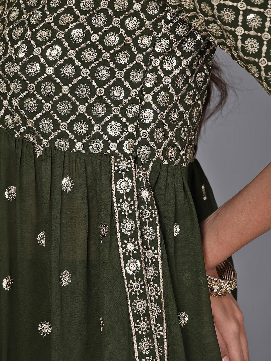Dhiyona KL Floral Embroidered Pleated Sequinned A-Line Kurta With Palazzos & Dupatta