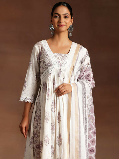 Women's LB Jannat White Printed Cotton A-Line Kurta With Salwar & Dupatta