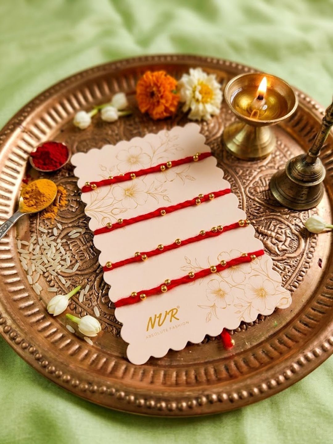 Dhiyona Set Of 4 Traditional Red Thread Rakhi With Roli Chawal Chandan Mishri