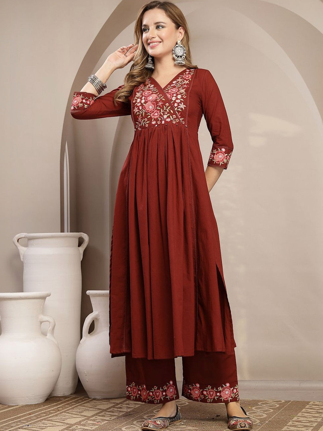 Women Floral Embroidered Angrakha Thread Work Pure Cotton Kurta with Palazzos & With Dupatta