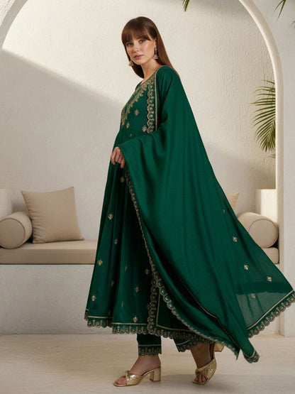 Dhiyona CH Women Ethnic Motifs Embroidered Panelled Thread Work Kurta with Trousers & With Dupatta