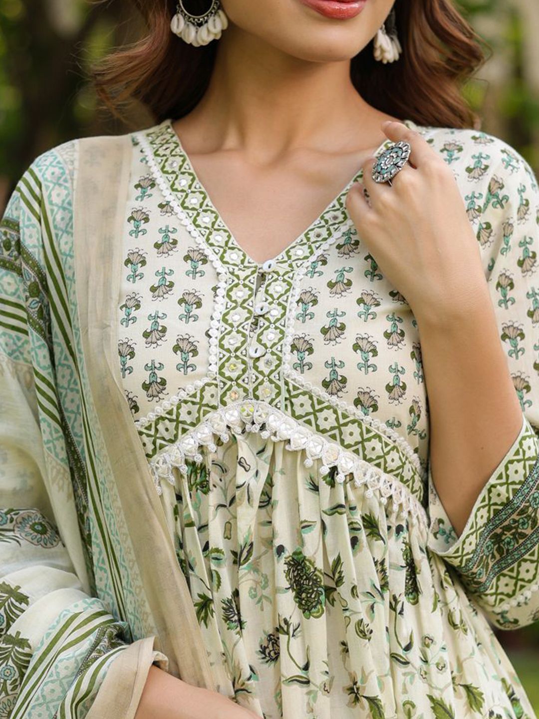 Dhiyona RR Women's Floral Printed Cotton Anarkali Kurta with Trousers & Dupatta