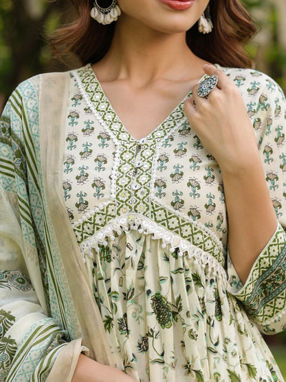 Dhiyona RR Women's Floral Printed Cotton Anarkali Kurta with Trousers & Dupatta