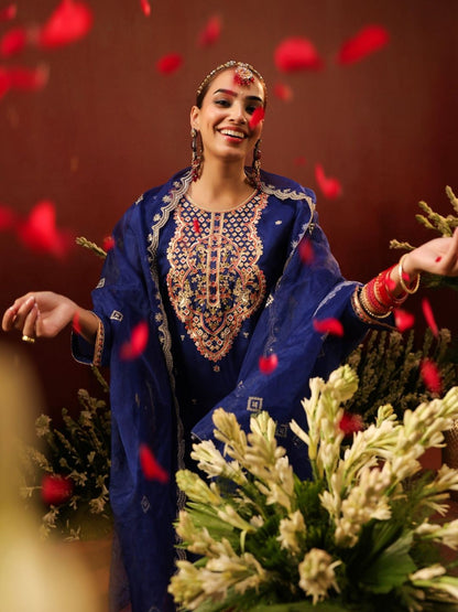 Dhiyona SC Women Midnight Blue Organza Silk Embroidered Sharara Set