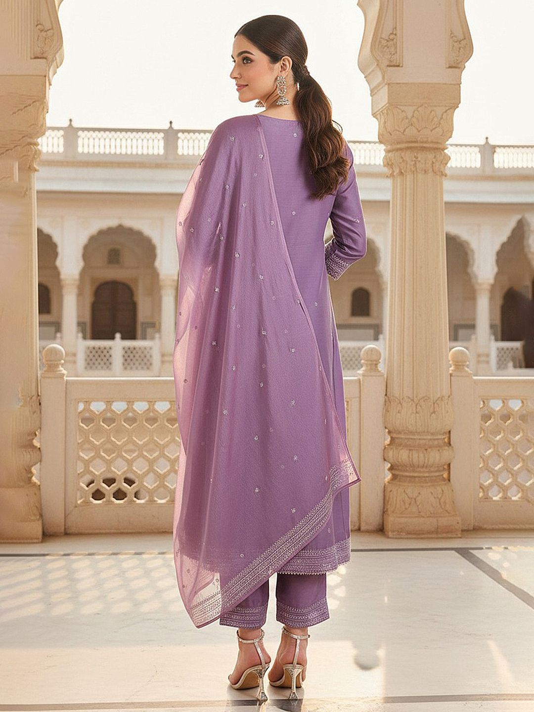 Dhiyona KL Floral Printed Gotta Patti Anarkali Kurta with Trousers & With Dupatta
