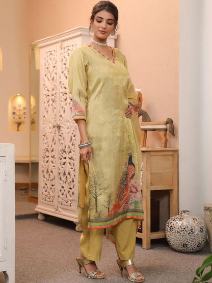 Dhiyona RR Women's Ethnic Motifs Printed Chanderi Cotton Kurta with Trousers & Dupatta