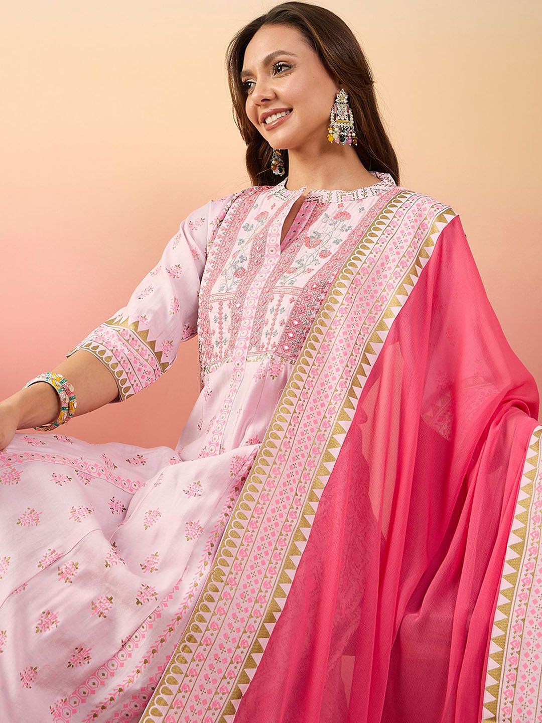 Dhiyona SN Printed Shirt Collar Kurta, Palazzo & Dupatta Set