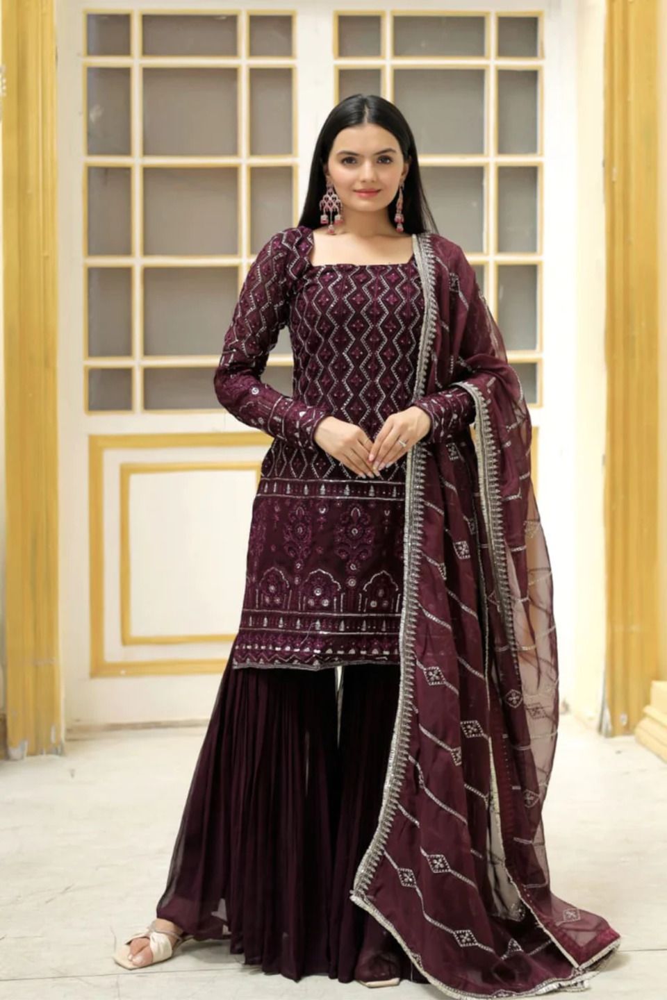 Dhiyona KL Chevron Embroidered Square Neck Sequinned Straight Kurta With Sharara & Dupatta