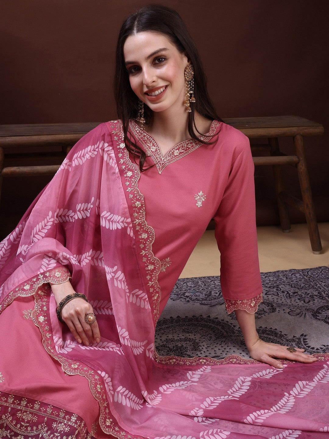 Embroidered Sweetheart Neck Kurta & Trousers With Dupatta