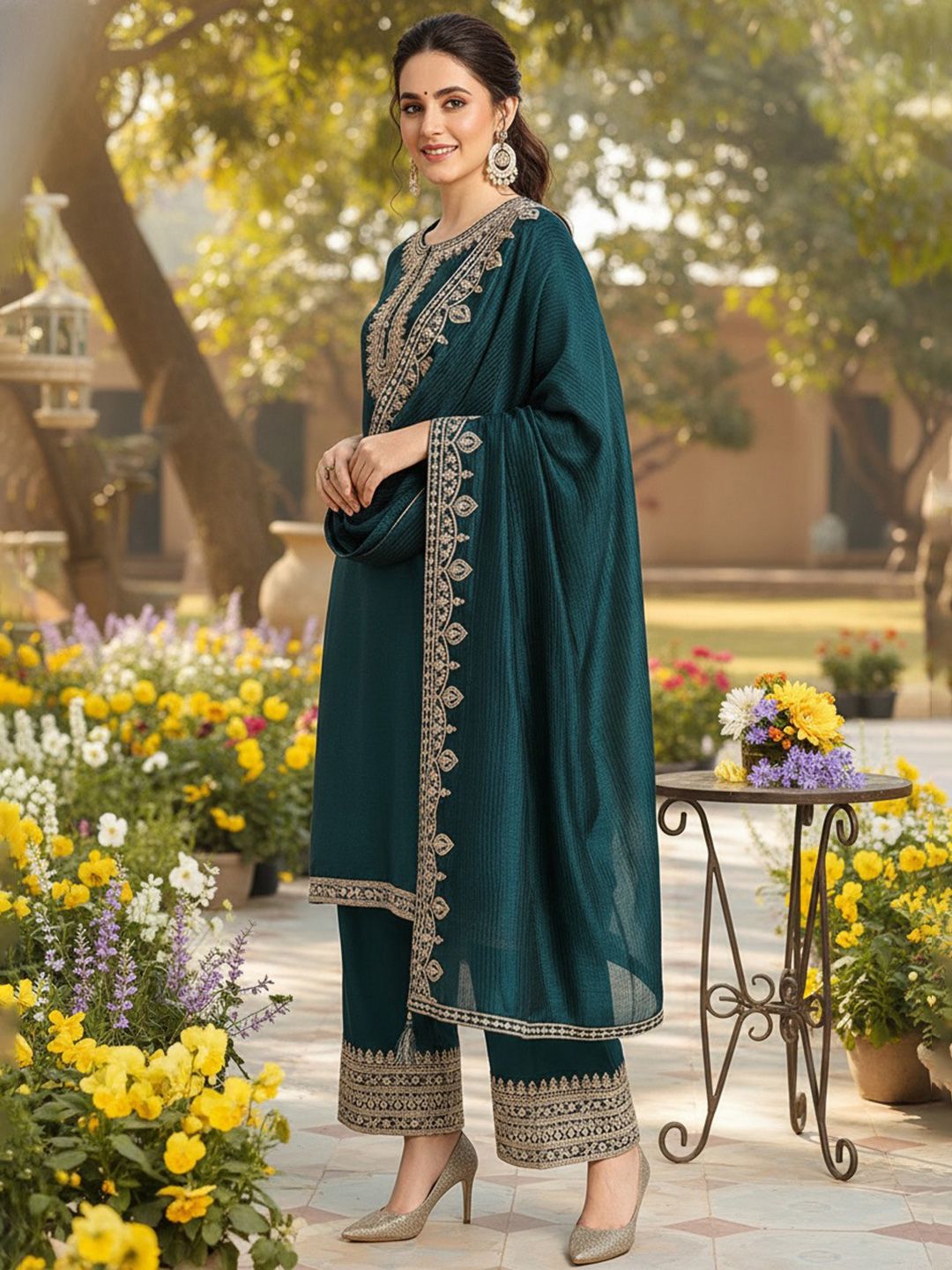 Dhiyona KL Ethnic Motifs Yoke Design Straight Kurta With Palazzos & Dupatta
