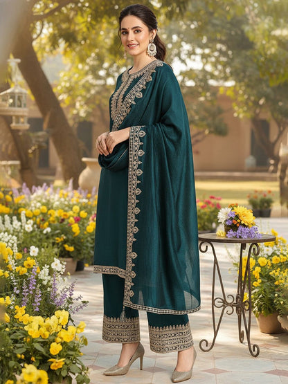 Dhiyona KL Ethnic Motifs Yoke Design Straight Kurta With Palazzos & Dupatta