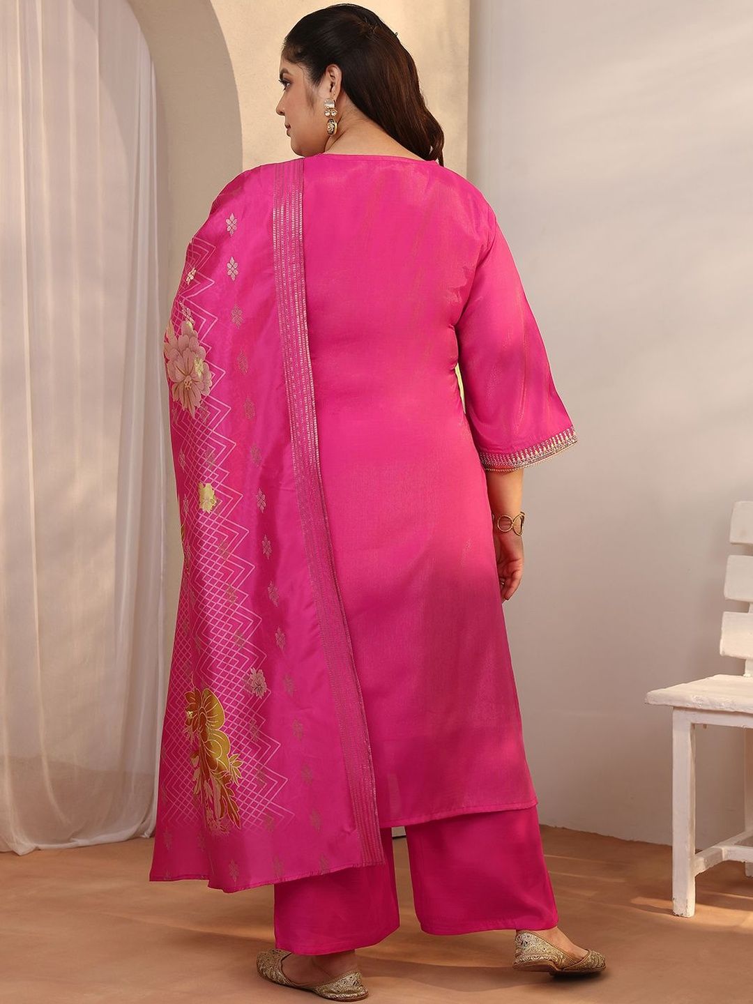 Dhiyona Women's Plus Size Ethnic Motifs Embroidered Kurta with Trouser & Dupatta