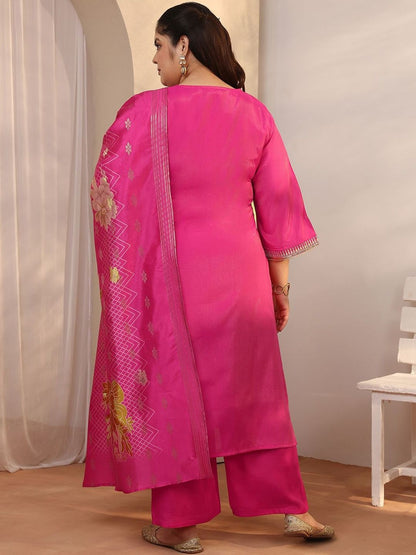 Dhiyona Women's Plus Size Ethnic Motifs Embroidered Kurta with Trouser & Dupatta