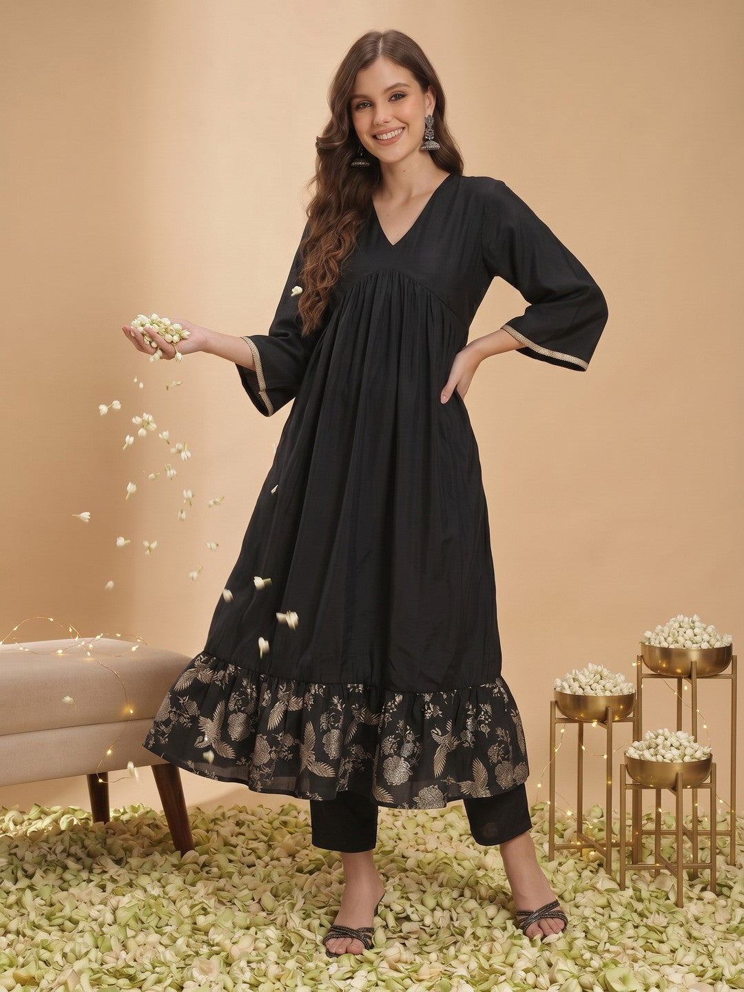 Floral Printed Empire Gotta Patti Kurta with Trousers