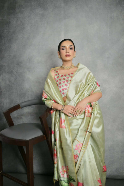 Women Yogita Lotus Pista Saree With Unstiched Blouse