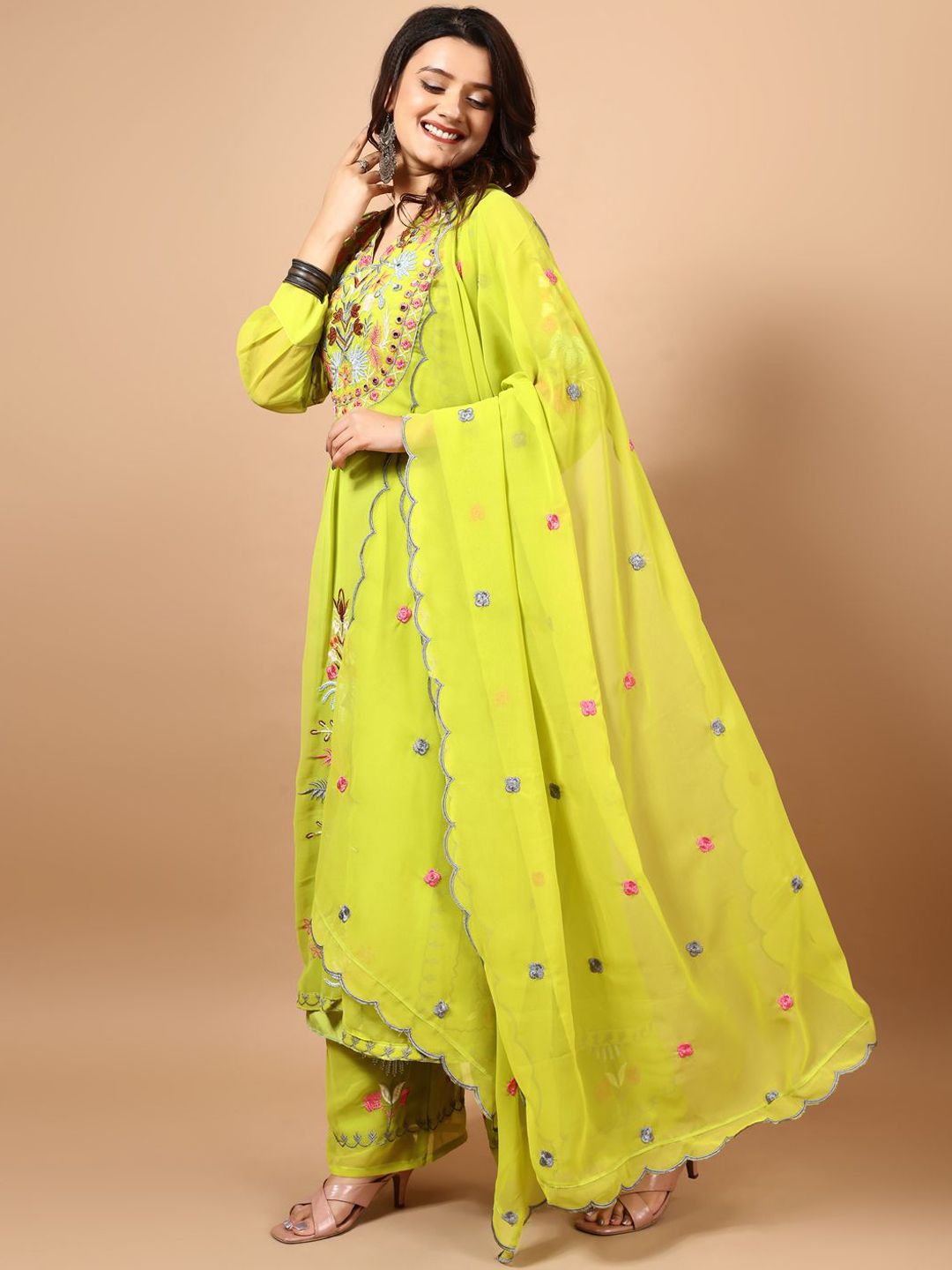Dhiyona KL Floral Embroidered Notch Neck Georgette Straight Kurta with Palazzos & Dupatta