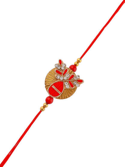 Dhiyona Red Beaded Rakhi With Roli Chawal & Greeting Card