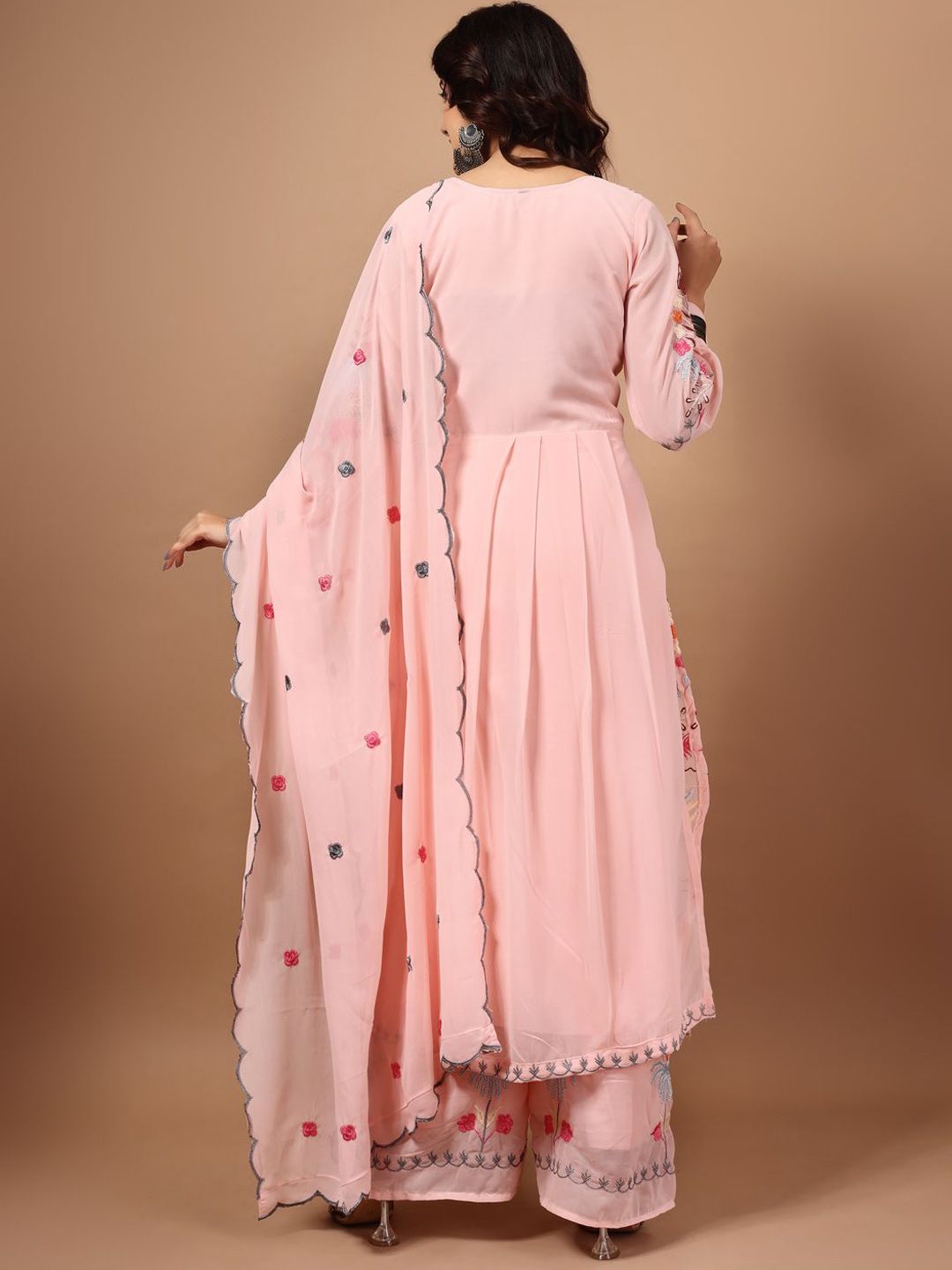 Dhiyona KL Floral Embroidered Thread Work Georgette Straight Kurta with Palazzo & Dupatta