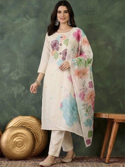 Embroidered Pure Cotton Round Neck Kurta & Trousers With Dupatta