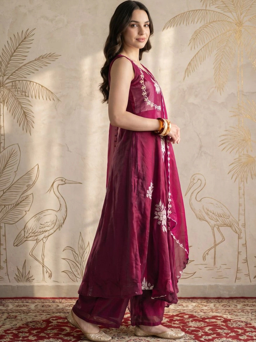 Women Floral Embroidered Empire Thread Work Kurta with Palazzos & With Dupatta