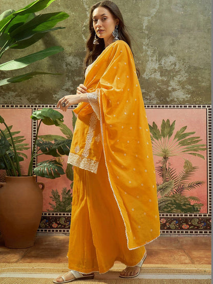 Embroidered Round Neck Kurta & Palazzos With Dupatta