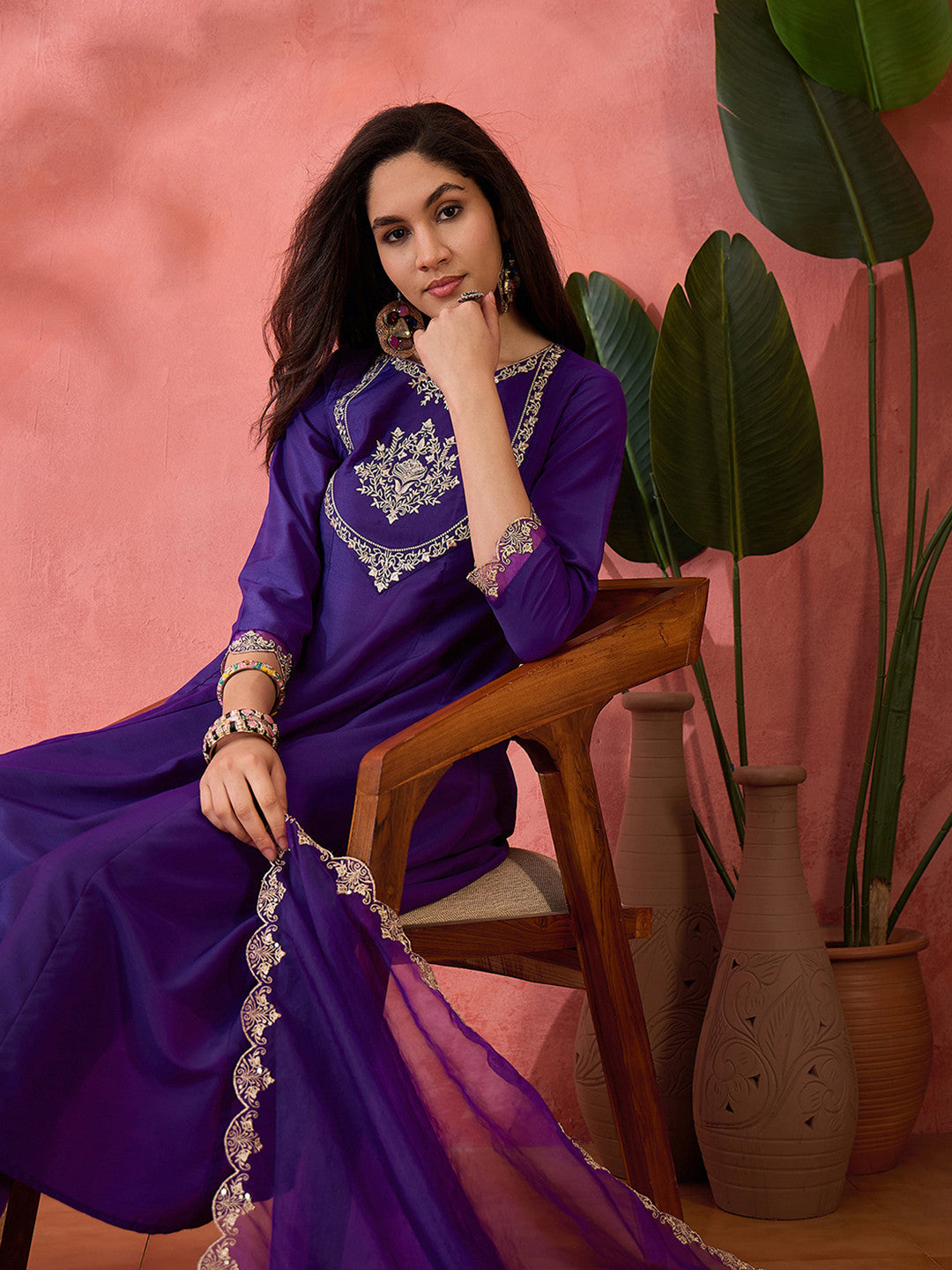 Purple Woven Design Yoke Design Kurta With Trouser And Dupatta et