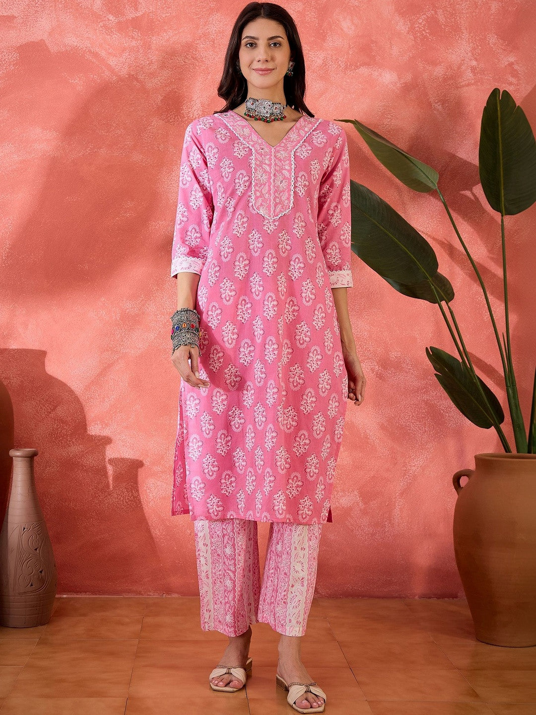 Printed Pure Cotton V-Neck Kurta Sets