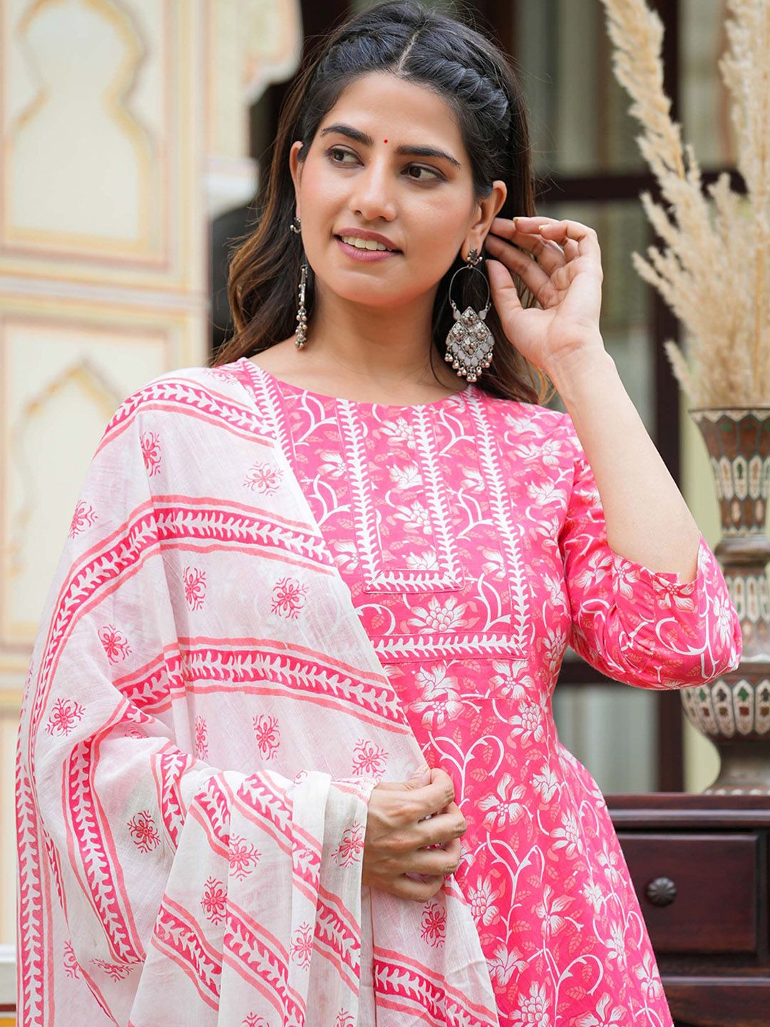 Dhiyona KL Floral Printed Pure Cotton Anarkali Kurta With Trouser And Dupatta