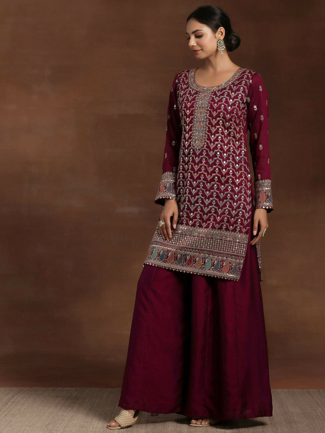 Women's LB Adaa Wine Embroidered Silk Blend Straight Kurta With Palazzos & Dupatta