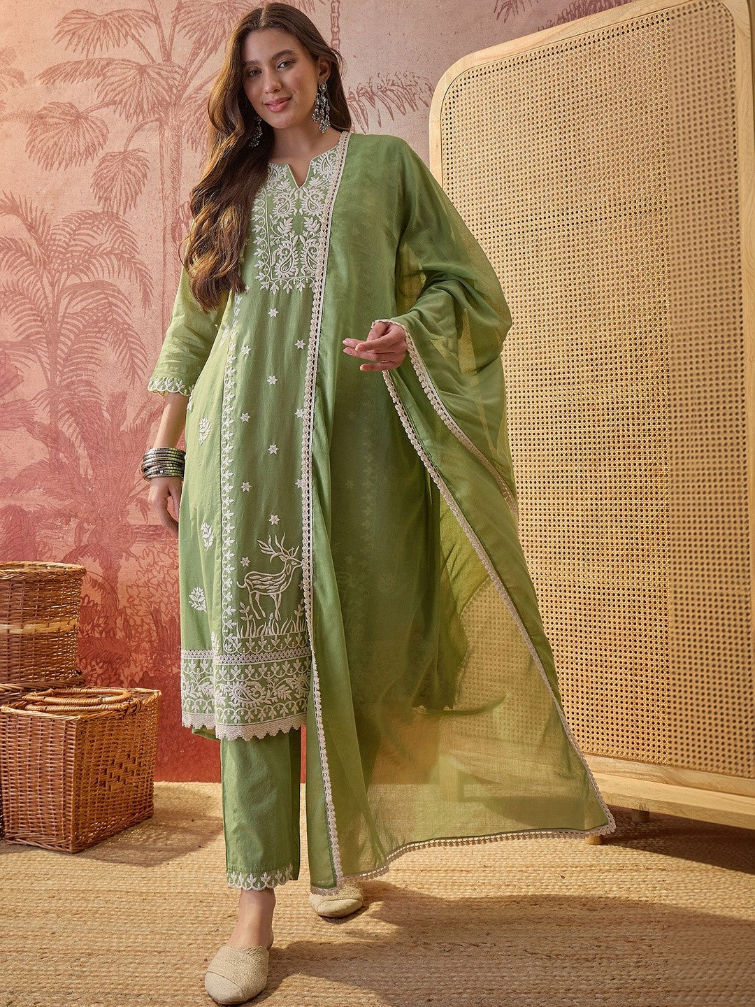 Dhiyona SN Embroidered Round Neck Kurta & Trousers With Dupatta