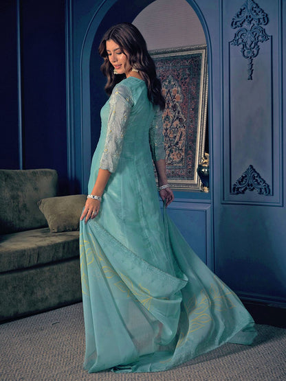 Dhiyona CH Floral Embroidered Pleated Sequinned Kurta With Trousers & Dupatta