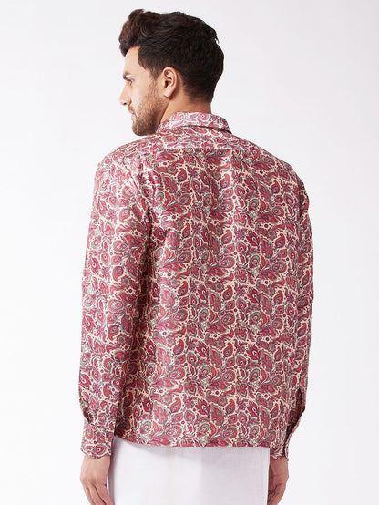 Men's MulticolorBasePink Silk Blend Straight Ethnic Shirt