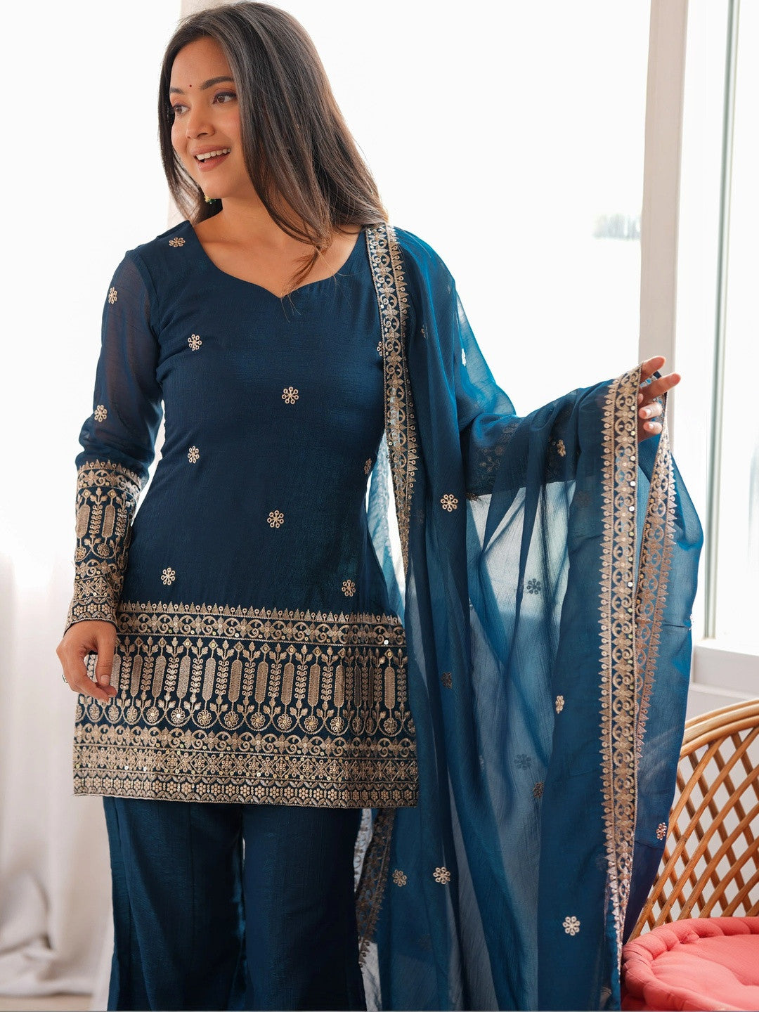 Women Ethnic Motifs Embroidered Regular Kurta with Sharara & With Dupatta