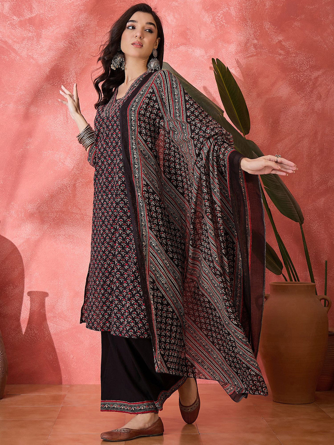 Floral Printed Pure Cotton Straight Kurta & Palazzos With Dupatta