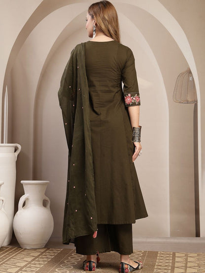 Women Floral Embroidered Angrakha Thread Work Pure Cotton Kurta with Palazzos & With Dupatta