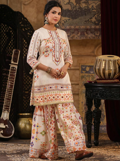 Dhiyona SC Women Ivory Printed Patola Mirror Work Chanderi Silk Kurta & Sharara With Dupatta
