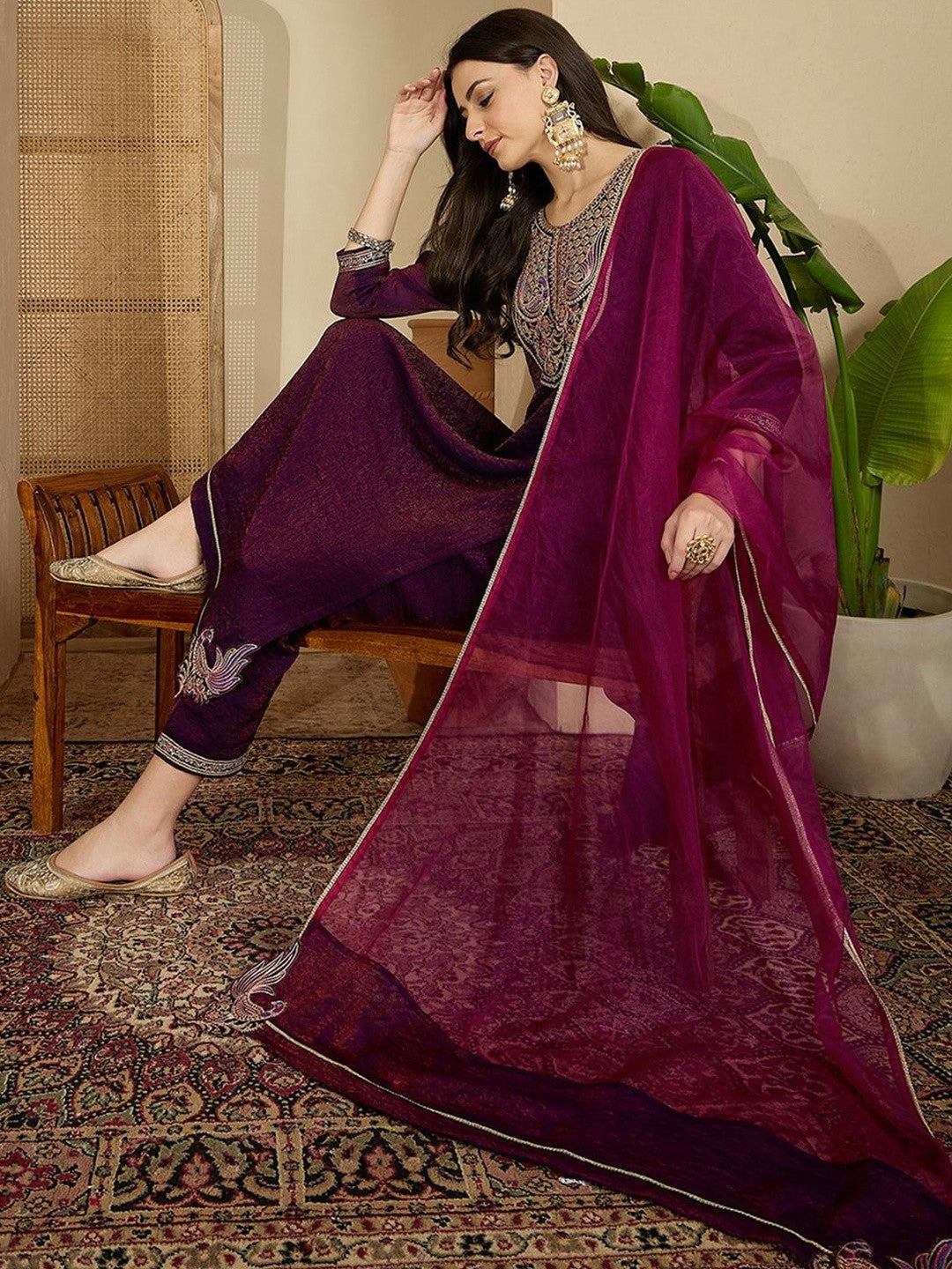 Ethnic Motifs Yoke Design Sequinned Straight Kurta With Trouser & Dupatta