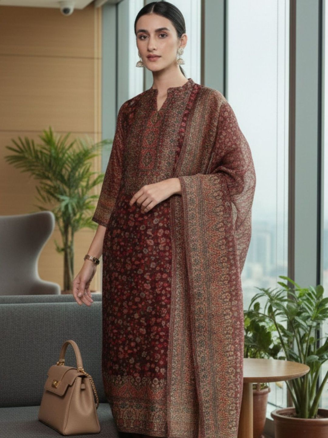 Maroon Women Ethnic Motifs Printed Regular Chanderi Silk Kurta with Trousers & With Dupatta