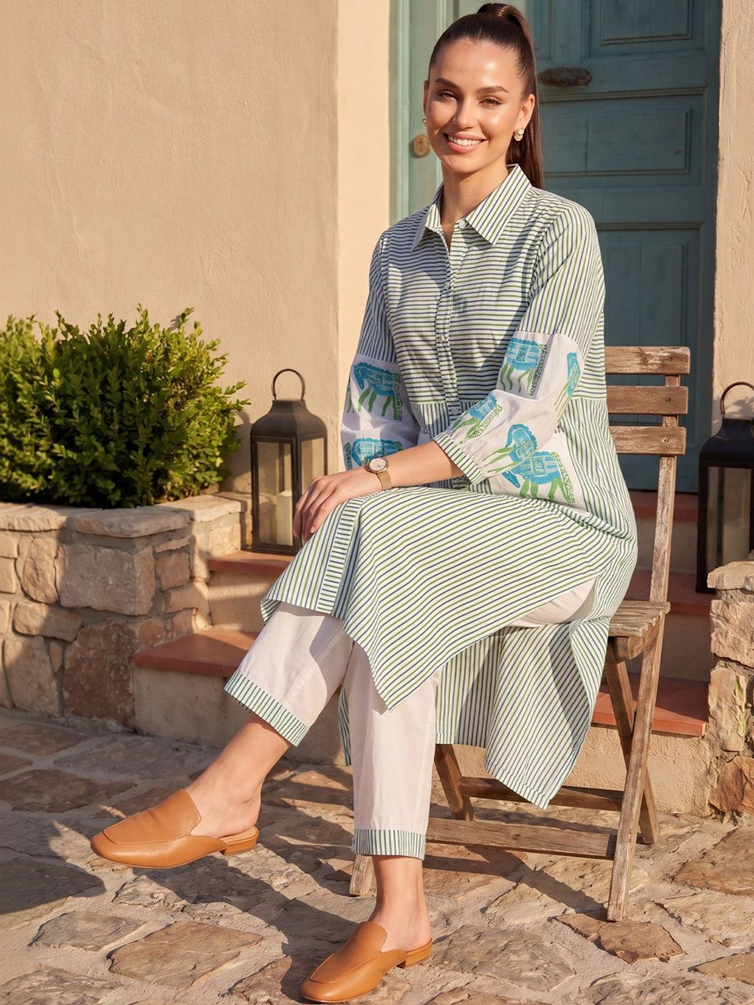 Women Striped Regular Pure Cotton Kurta with Trousers