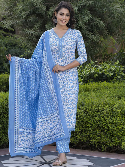 Dhiyona KL Floral Printed Mirror Work Straight Pure Cotton Kurta With Trousers & Dupatta