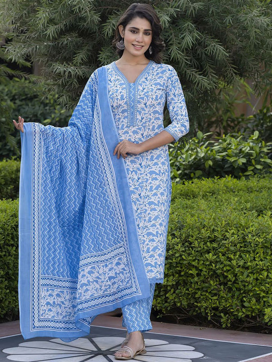 Dhiyona KL Floral Printed Mirror Work Straight Pure Cotton Kurta With Trousers & Dupatta