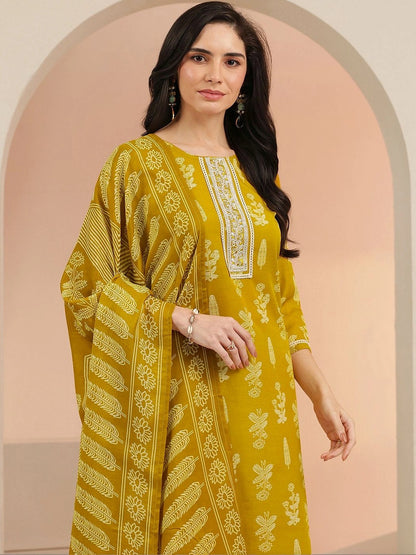 Mustard Floral Printed Cotton Blend Straight Suit Set